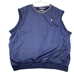 Polo Golf Ralph Lauren Mens Navy Blue Mesh Lined Windbreaker Vest V-Neck Large